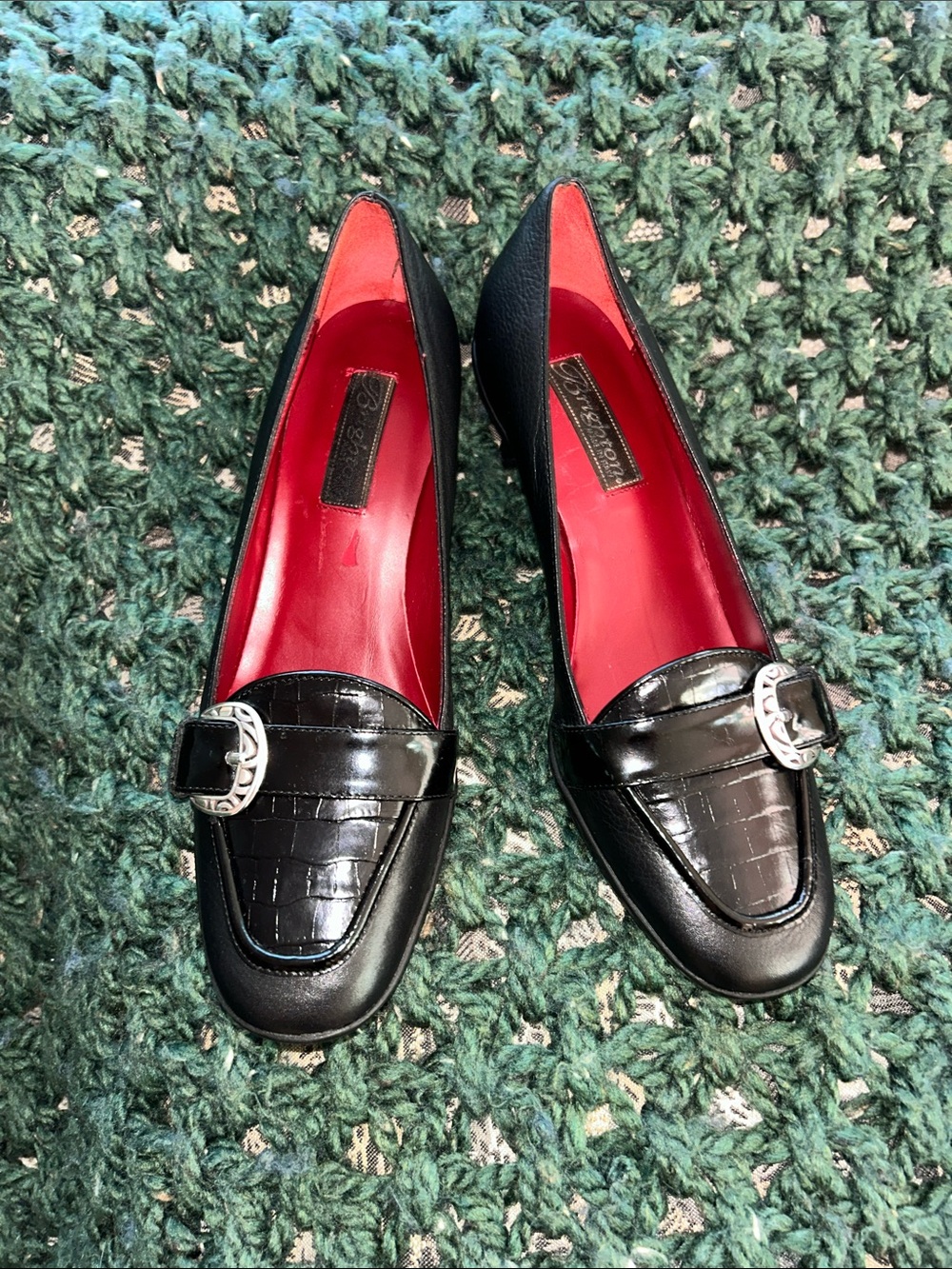 Brighton Black Croc-Embossed Loafers with Red Interior and Silver Buckles